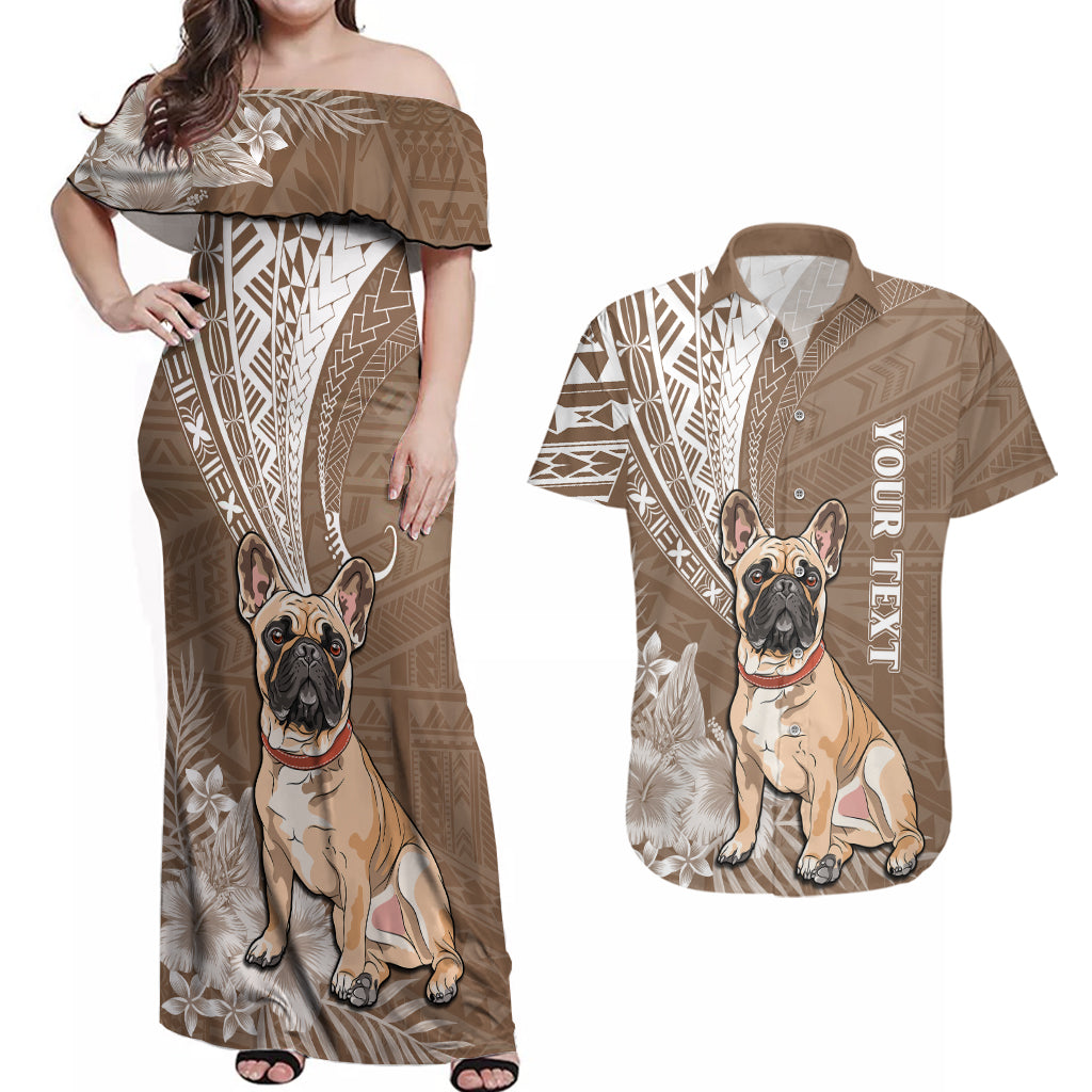 Personalised Polynesian Pacific Bulldog Couples Matching Off Shoulder Maxi Dress and Hawaiian Shirt With Brown Hawaii Tribal Tattoo Patterns LT7 Brown - Polynesian Pride