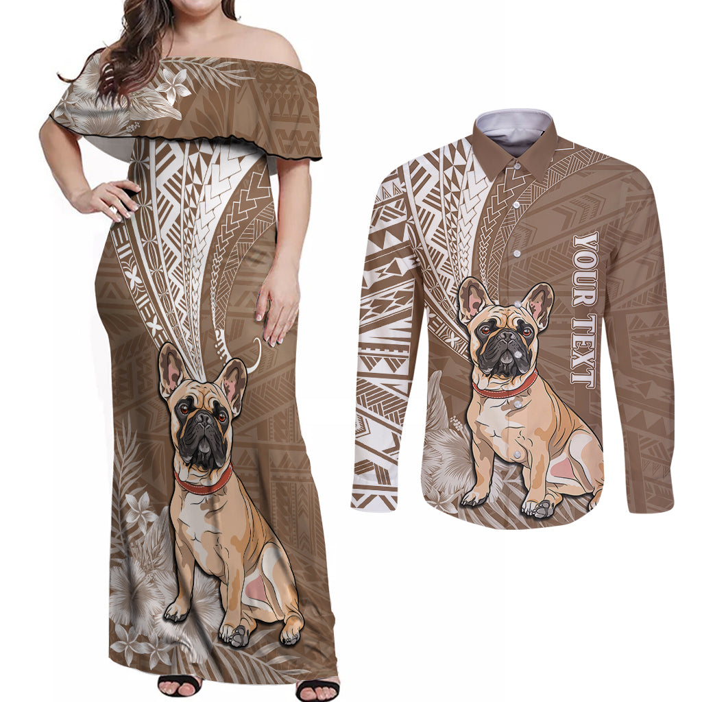 Personalised Polynesian Pacific Bulldog Couples Matching Off Shoulder Maxi Dress and Long Sleeve Button Shirts With Brown Hawaii Tribal Tattoo Patterns LT7 Brown - Polynesian Pride