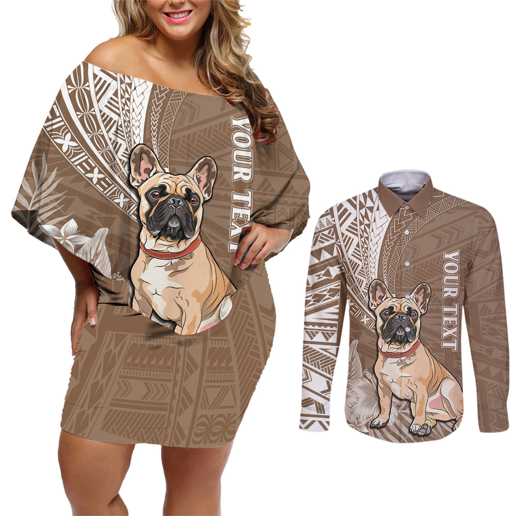 Personalised Polynesian Pacific Bulldog Couples Matching Off Shoulder Short Dress and Long Sleeve Button Shirts With Brown Hawaii Tribal Tattoo Patterns LT7 Brown - Polynesian Pride