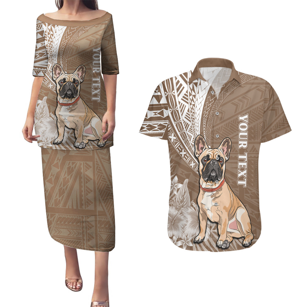 Personalised Polynesian Pacific Bulldog Couples Matching Puletasi Dress and Hawaiian Shirt With Brown Hawaii Tribal Tattoo Patterns LT7 Brown - Polynesian Pride