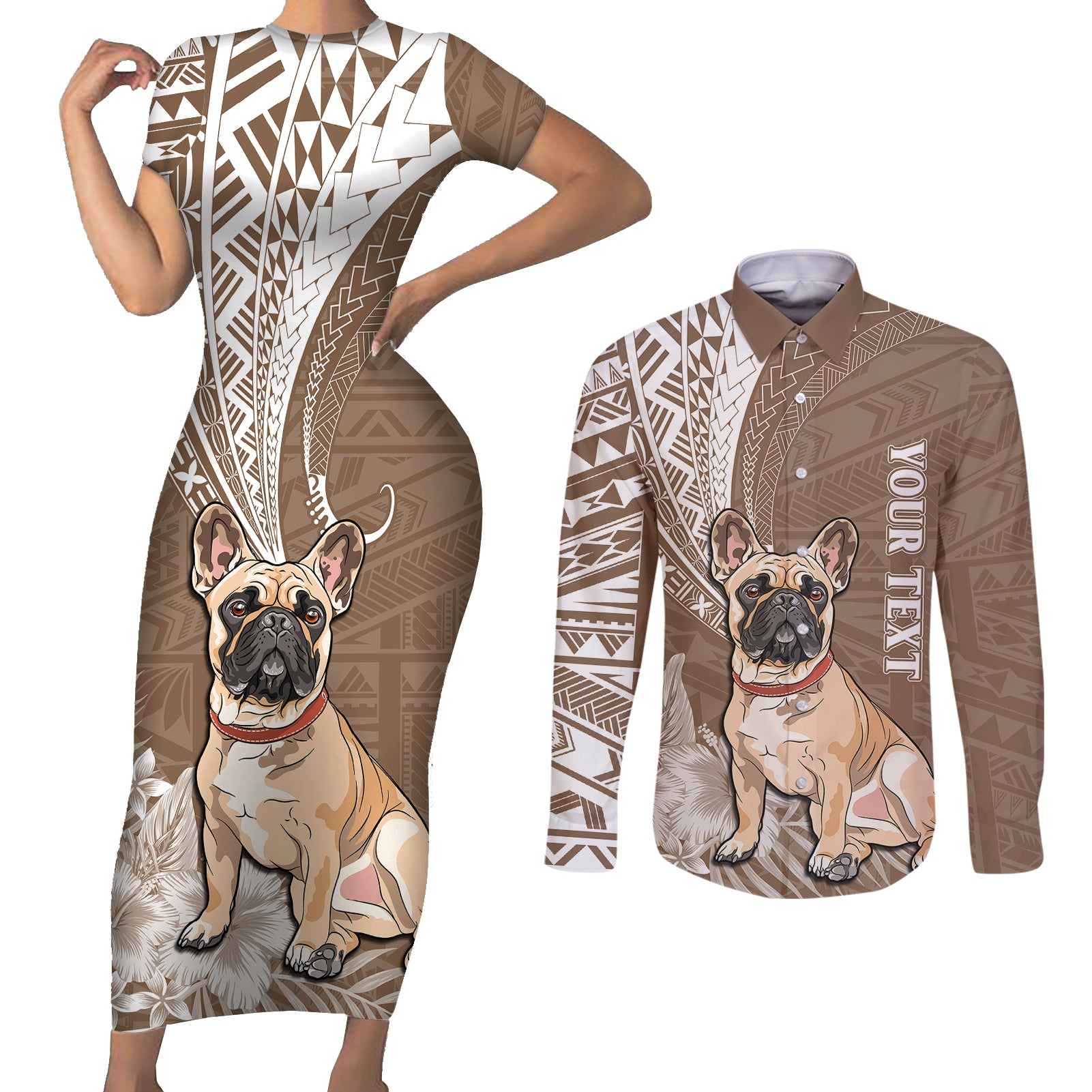 Personalised Polynesian Pacific Bulldog Couples Matching Short Sleeve Bodycon Dress and Long Sleeve Button Shirts With Brown Hawaii Tribal Tattoo Patterns LT7 Brown - Polynesian Pride