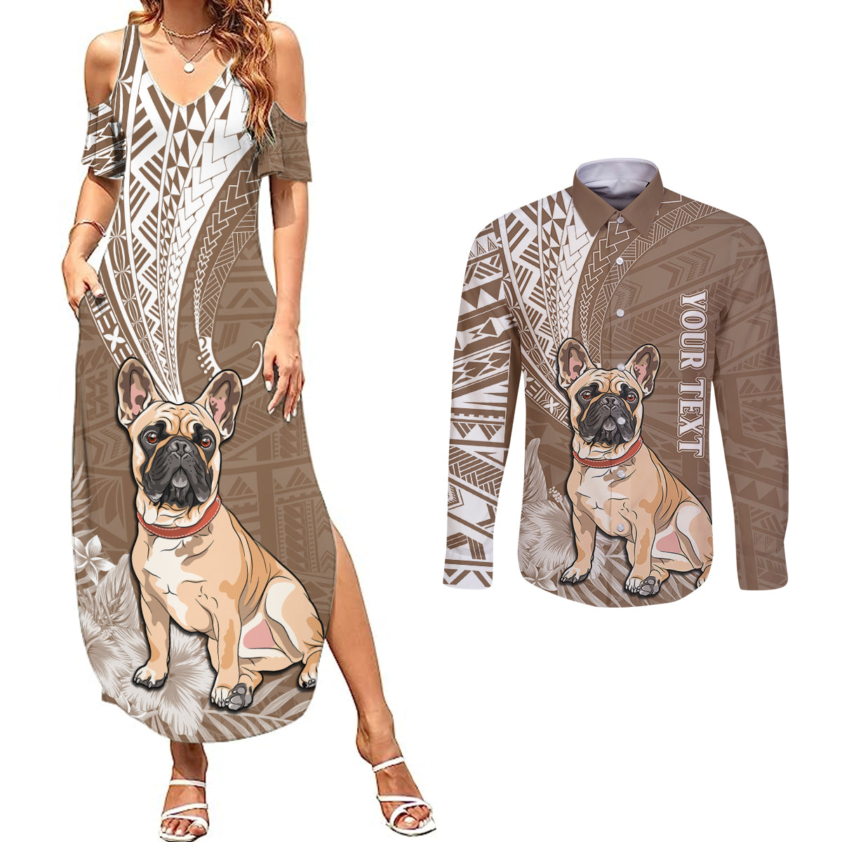 Personalised Polynesian Pacific Bulldog Couples Matching Summer Maxi Dress and Long Sleeve Button Shirts With Brown Hawaii Tribal Tattoo Patterns LT7 Brown - Polynesian Pride