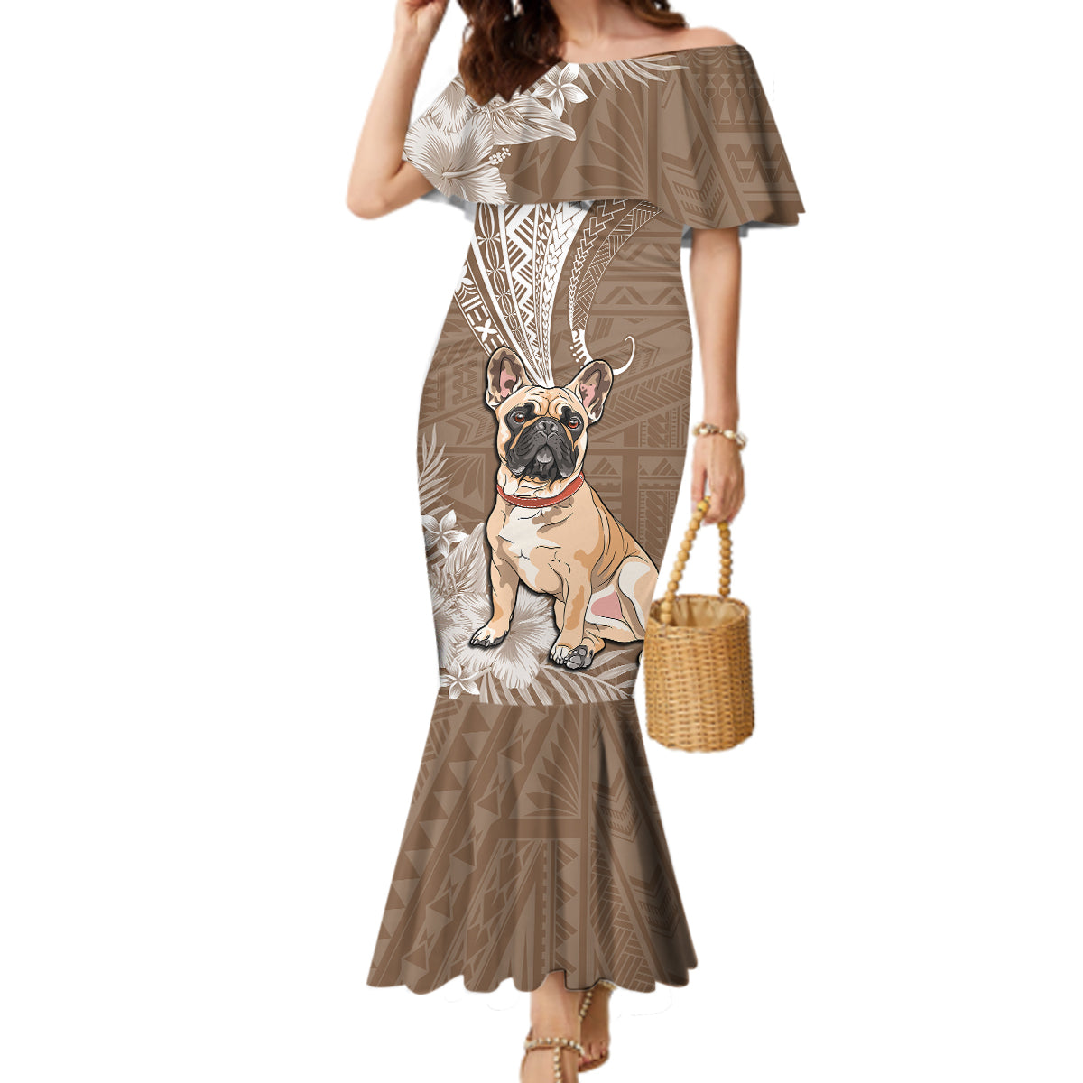 Personalised Polynesian Pacific Bulldog Mermaid Dress With Brown Hawaii Tribal Tattoo Patterns LT7 Women Brown - Polynesian Pride