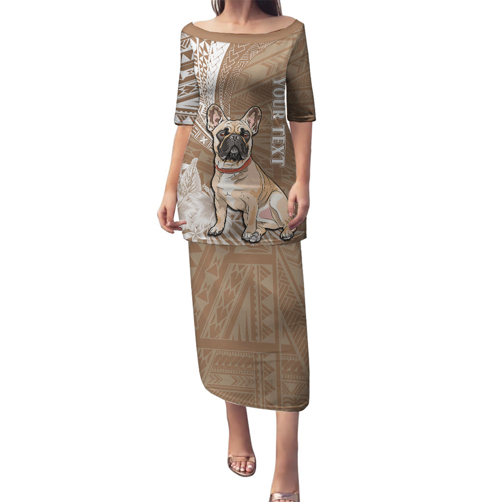 Personalised Polynesian Pacific Bulldog Puletasi With Brown Hawaii Tribal Tattoo Patterns LT7 Long Dress Brown - Polynesian Pride