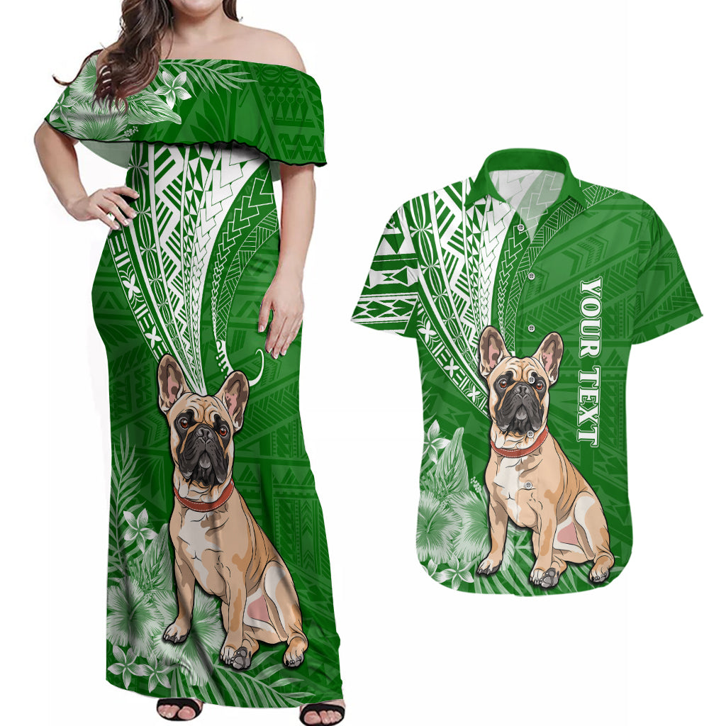 Personalised Polynesian Pacific Bulldog Couples Matching Off Shoulder Maxi Dress and Hawaiian Shirt With Emerald Hawaii Tribal Tattoo Patterns LT7 Green - Polynesian Pride