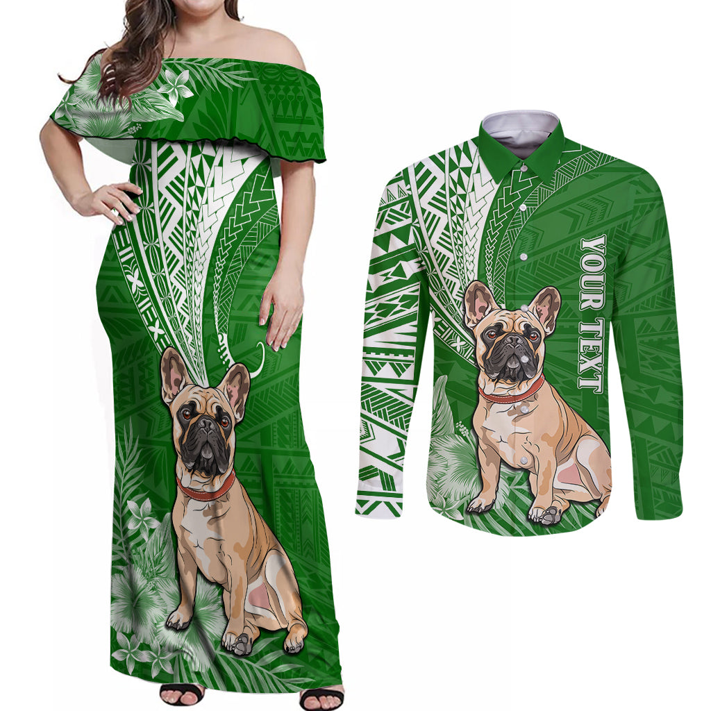 Personalised Polynesian Pacific Bulldog Couples Matching Off Shoulder Maxi Dress and Long Sleeve Button Shirts With Emerald Hawaii Tribal Tattoo Patterns LT7 Green - Polynesian Pride