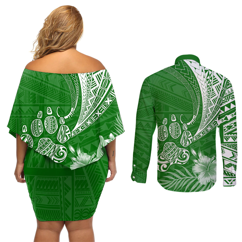 Personalised Polynesian Pacific Bulldog Couples Matching Off Shoulder Short Dress and Long Sleeve Button Shirts With Emerald Hawaii Tribal Tattoo Patterns LT7 - Polynesian Pride