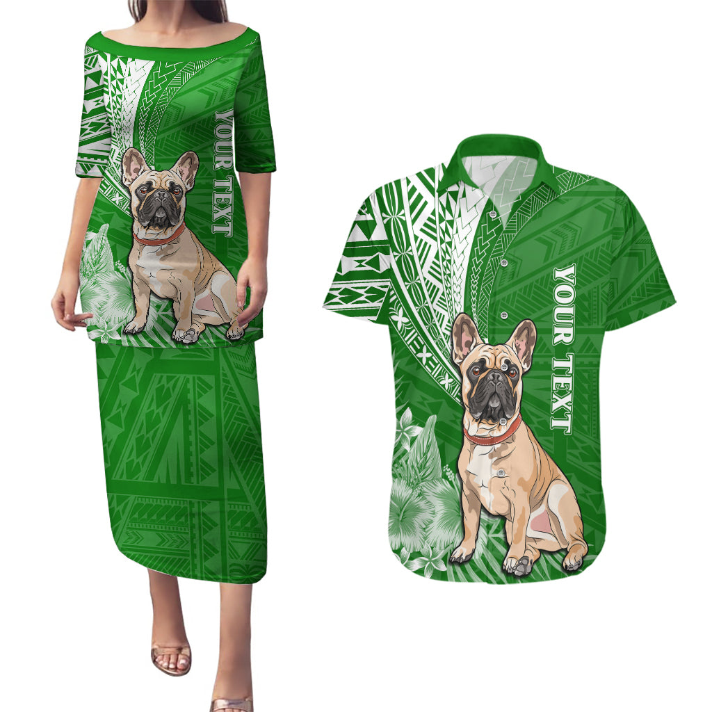 Personalised Polynesian Pacific Bulldog Couples Matching Puletasi Dress and Hawaiian Shirt With Emerald Hawaii Tribal Tattoo Patterns LT7 Green - Polynesian Pride