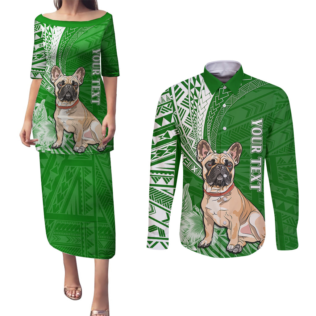 Personalised Polynesian Pacific Bulldog Couples Matching Puletasi Dress and Long Sleeve Button Shirts With Emerald Hawaii Tribal Tattoo Patterns LT7 Green - Polynesian Pride