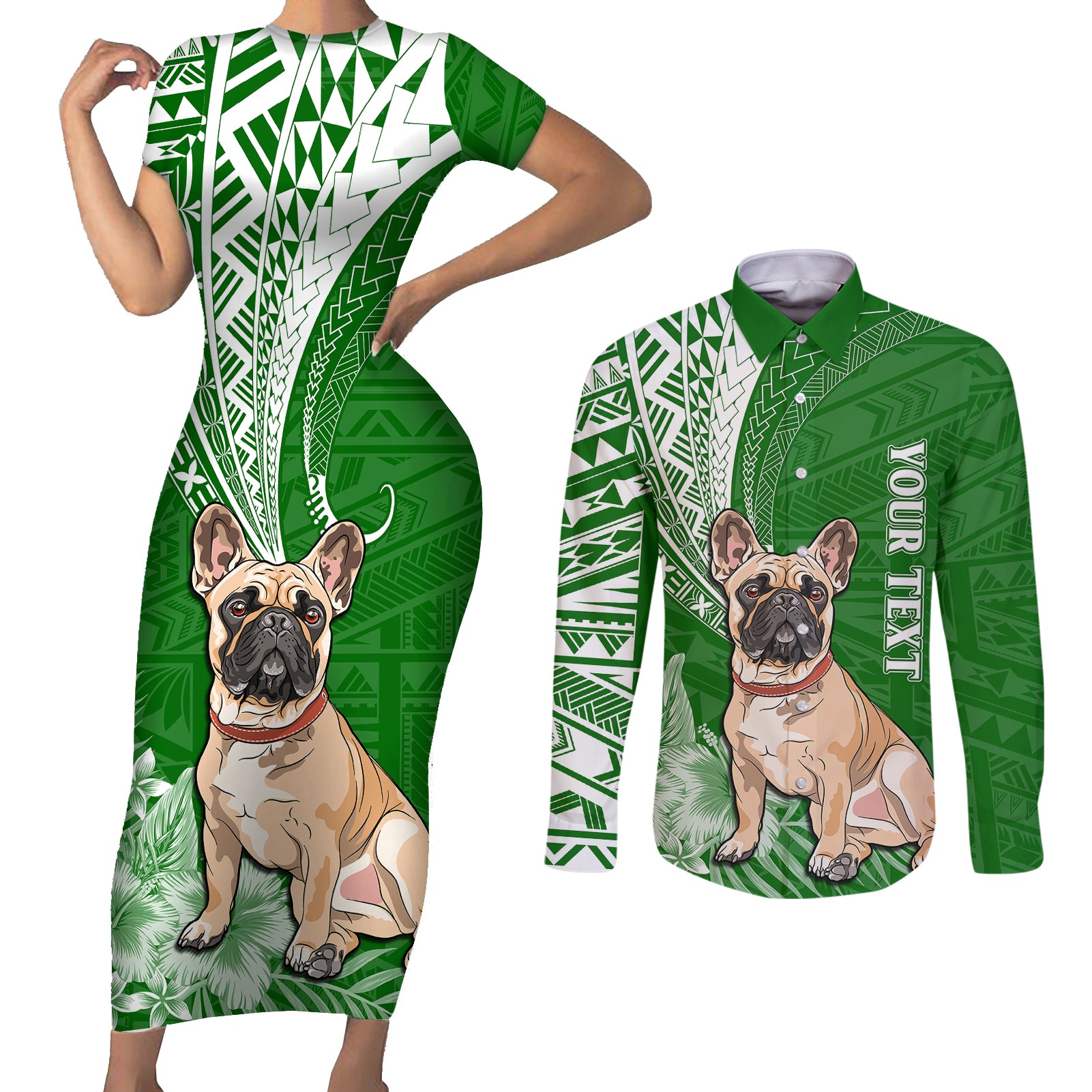 Personalised Polynesian Pacific Bulldog Couples Matching Short Sleeve Bodycon Dress and Long Sleeve Button Shirts With Emerald Hawaii Tribal Tattoo Patterns LT7 Green - Polynesian Pride