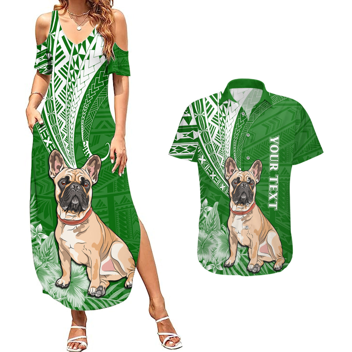 Personalised Polynesian Pacific Bulldog Couples Matching Summer Maxi Dress and Hawaiian Shirt With Emerald Hawaii Tribal Tattoo Patterns LT7 Green - Polynesian Pride