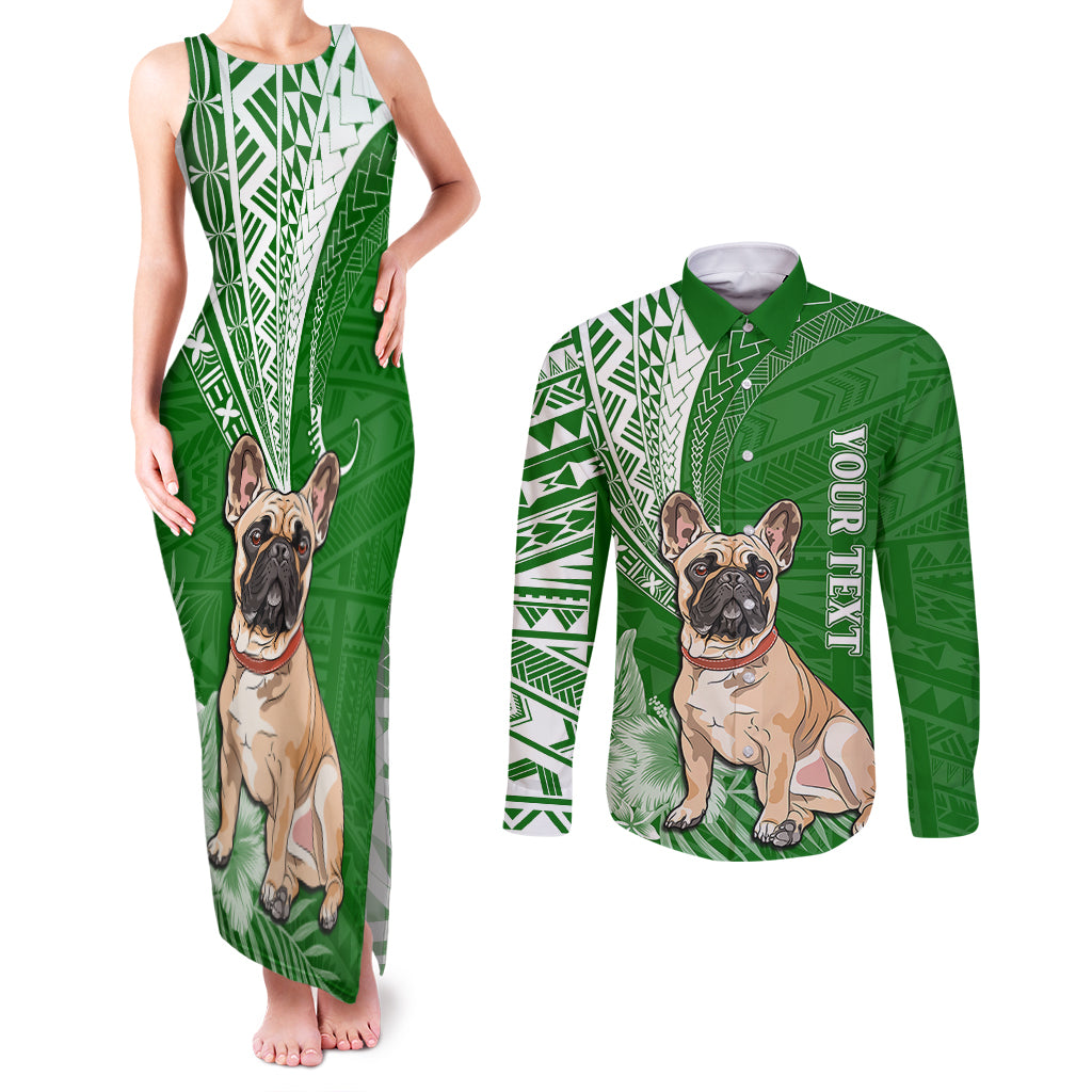 Personalised Polynesian Pacific Bulldog Couples Matching Tank Maxi Dress and Long Sleeve Button Shirts With Emerald Hawaii Tribal Tattoo Patterns LT7 Green - Polynesian Pride