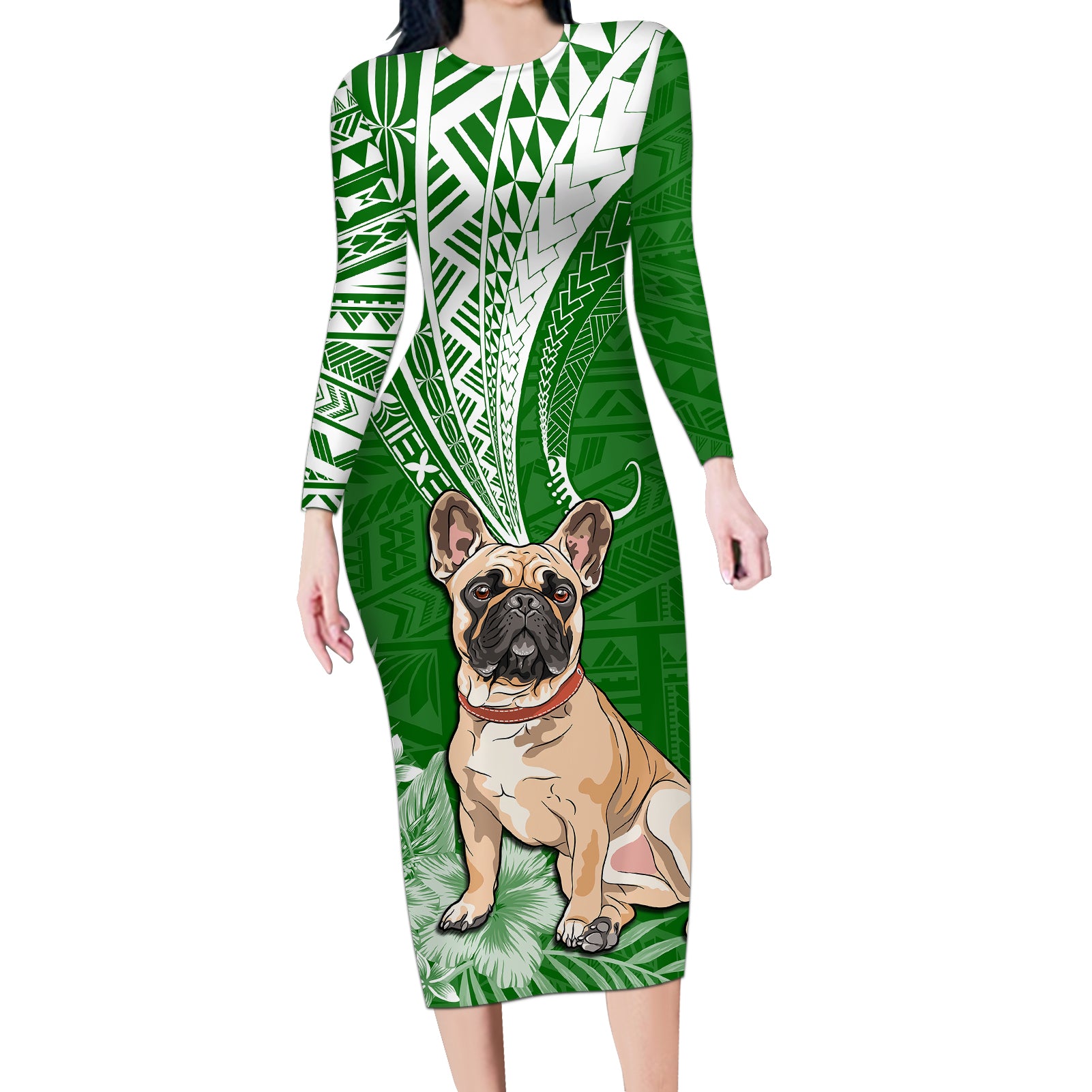 Personalised Polynesian Pacific Bulldog Long Sleeve Bodycon Dress With Emerald Hawaii Tribal Tattoo Patterns LT7 Long Dress Green - Polynesian Pride