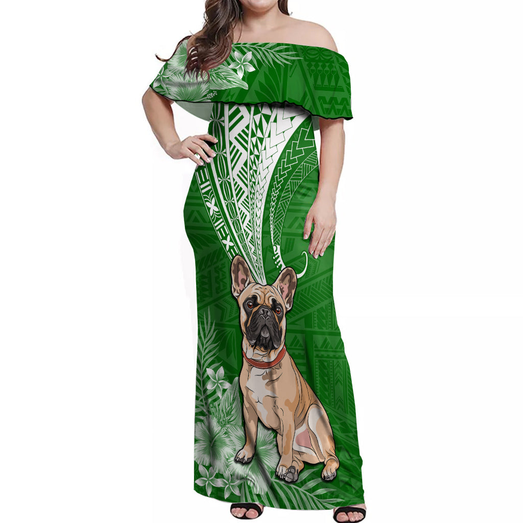 Personalised Polynesian Pacific Bulldog Off Shoulder Maxi Dress With Emerald Hawaii Tribal Tattoo Patterns LT7 Women Green - Polynesian Pride