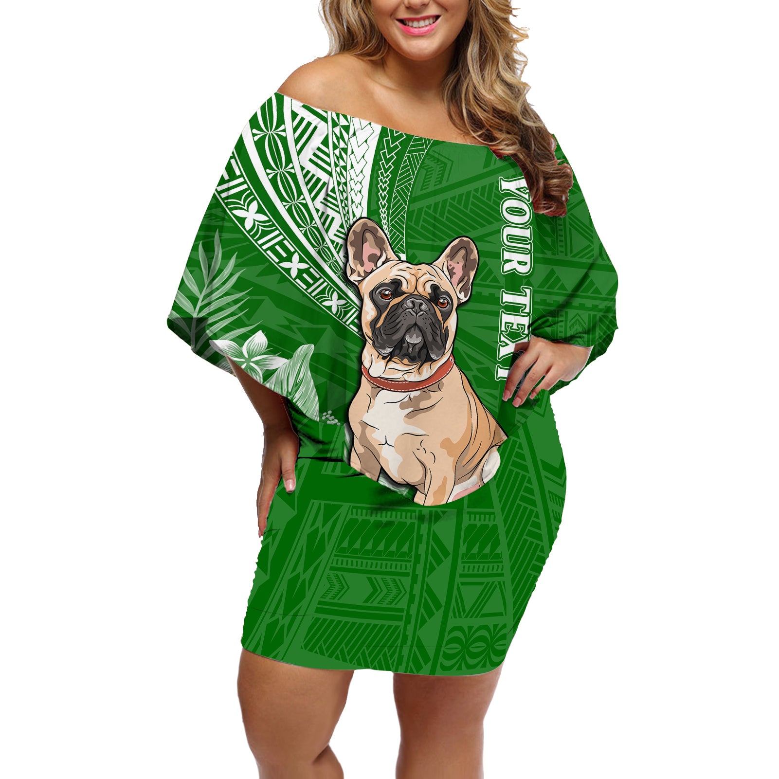 Personalised Polynesian Pacific Bulldog Off Shoulder Short Dress With Emerald Hawaii Tribal Tattoo Patterns LT7 Women Green - Polynesian Pride