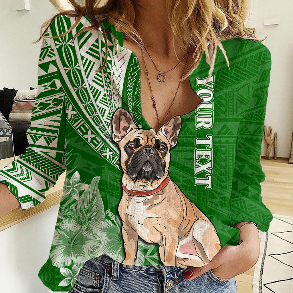 Personalised Polynesian Pacific Bulldog Women Casual Shirt With Emerald Hawaii Tribal Tattoo Patterns LT7 Female Green - Polynesian Pride