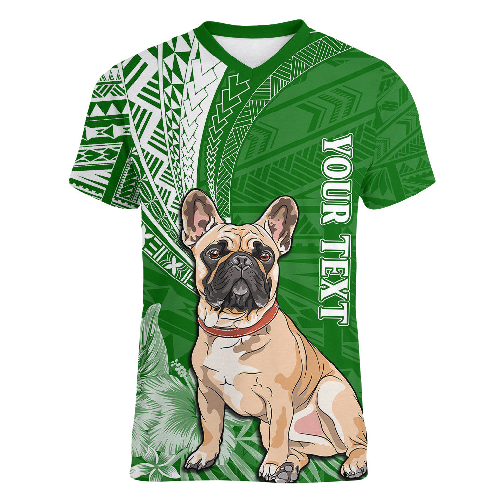 Personalised Polynesian Pacific Bulldog Women V Neck T Shirt With Emerald Hawaii Tribal Tattoo Patterns LT7 Female Green - Polynesian Pride