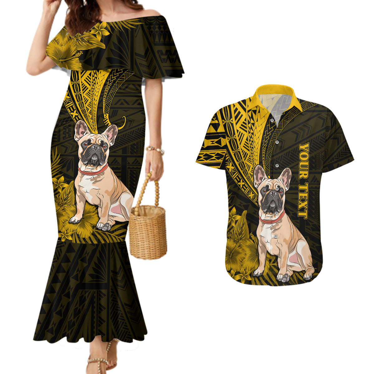 Personalised Polynesian Pacific Bulldog Couples Matching Mermaid Dress And Hawaiian Shirt With Gold Hawaii Tribal Tattoo Patterns LT7 Gold - Polynesian Pride