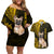 Personalised Polynesian Pacific Bulldog Couples Matching Off Shoulder Short Dress and Hawaiian Shirt With Gold Hawaii Tribal Tattoo Patterns LT7 Gold - Polynesian Pride