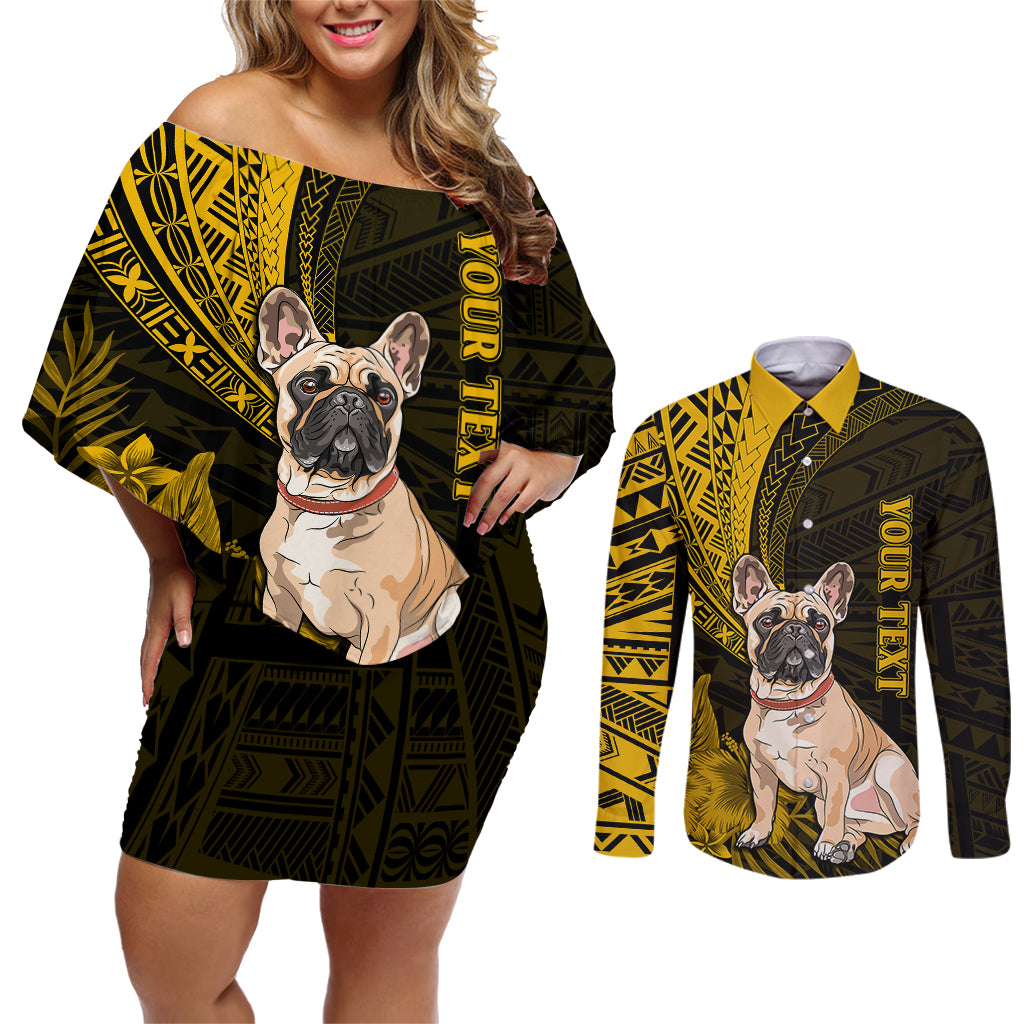 Personalised Polynesian Pacific Bulldog Couples Matching Off Shoulder Short Dress and Long Sleeve Button Shirts With Gold Hawaii Tribal Tattoo Patterns LT7 Gold - Polynesian Pride