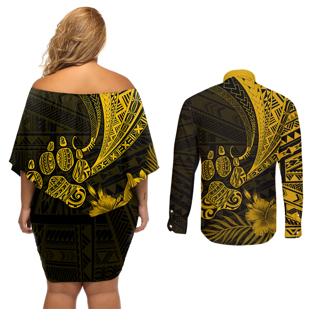 Personalised Polynesian Pacific Bulldog Couples Matching Off Shoulder Short Dress and Long Sleeve Button Shirts With Gold Hawaii Tribal Tattoo Patterns LT7 - Polynesian Pride