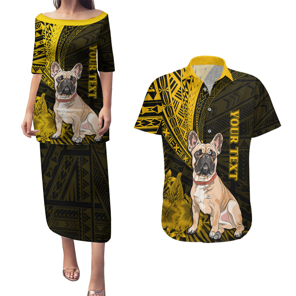 Personalised Polynesian Pacific Bulldog Couples Matching Puletasi Dress and Hawaiian Shirt With Gold Hawaii Tribal Tattoo Patterns LT7 Gold - Polynesian Pride