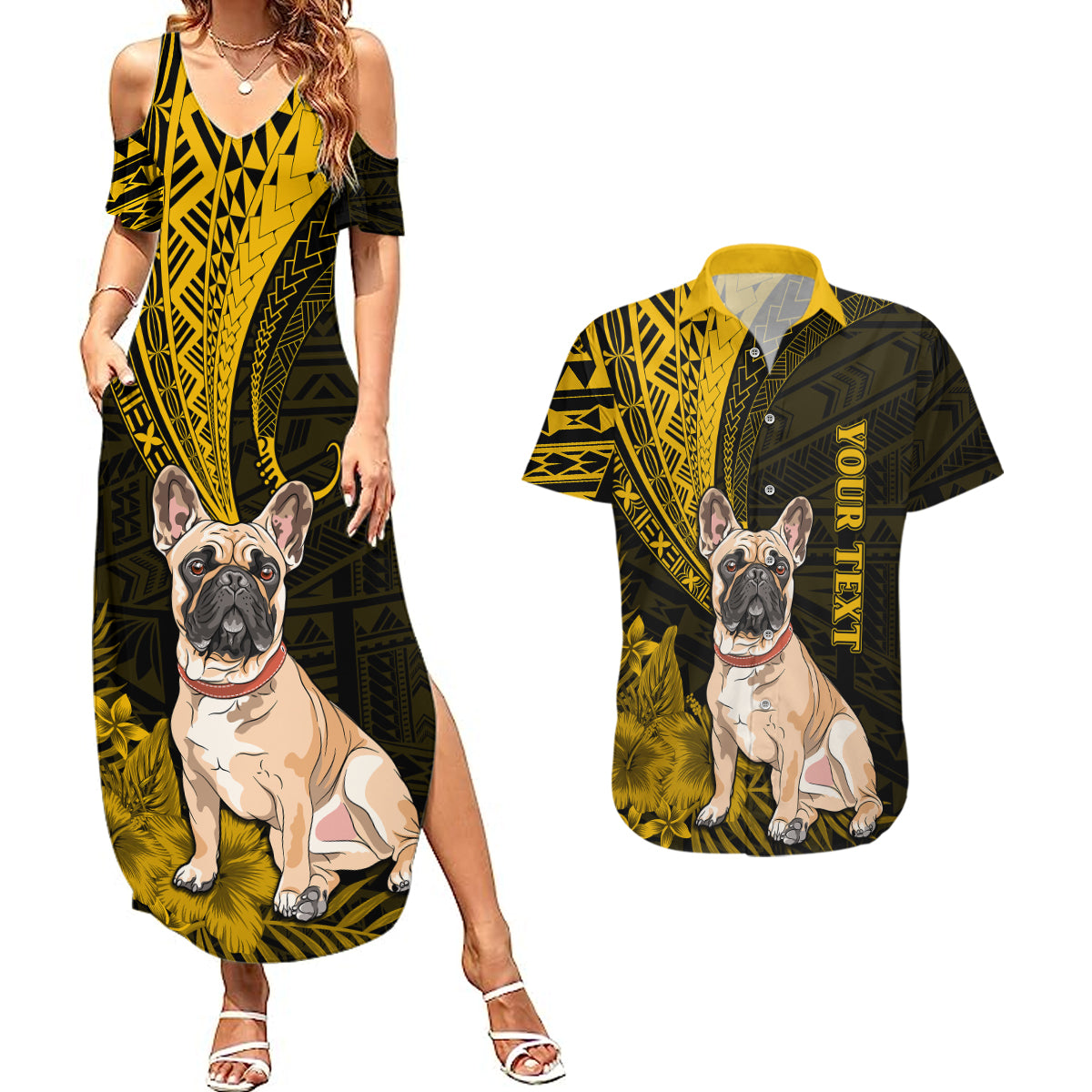 Personalised Polynesian Pacific Bulldog Couples Matching Summer Maxi Dress and Hawaiian Shirt With Gold Hawaii Tribal Tattoo Patterns LT7 Gold - Polynesian Pride