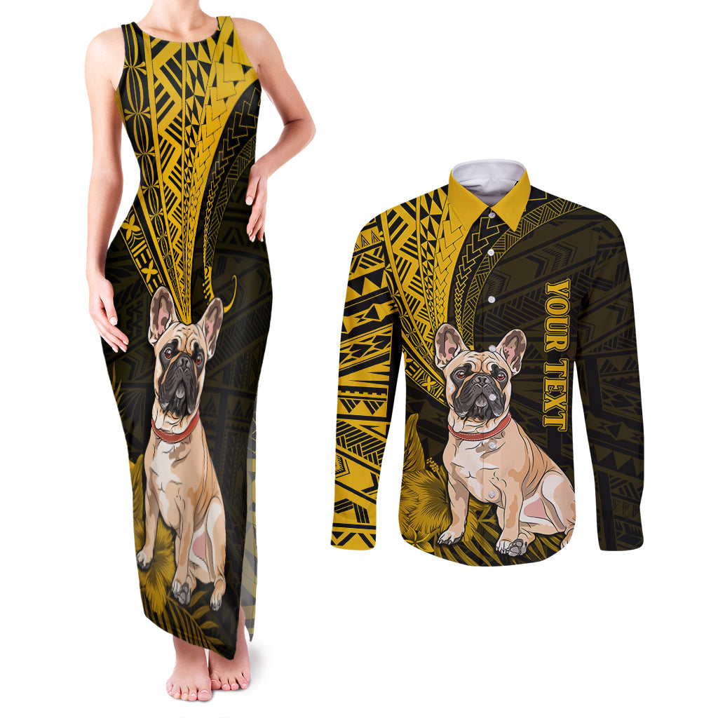 Personalised Polynesian Pacific Bulldog Couples Matching Tank Maxi Dress and Long Sleeve Button Shirts With Gold Hawaii Tribal Tattoo Patterns LT7 Gold - Polynesian Pride