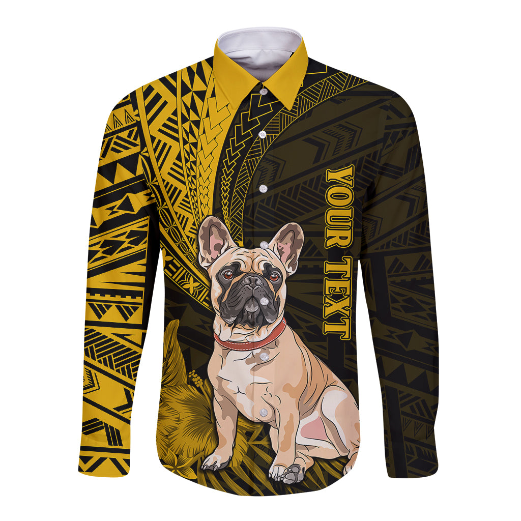 Personalised Polynesian Pacific Bulldog Long Sleeve Button Shirt With Gold Hawaii Tribal Tattoo Patterns LT7 Unisex Gold - Polynesian Pride