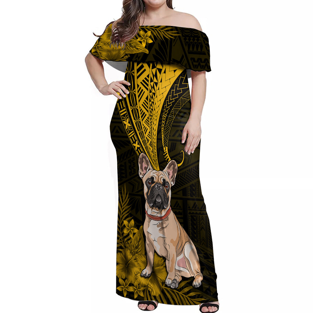 Personalised Polynesian Pacific Bulldog Off Shoulder Maxi Dress With Gold Hawaii Tribal Tattoo Patterns LT7 Women Gold - Polynesian Pride