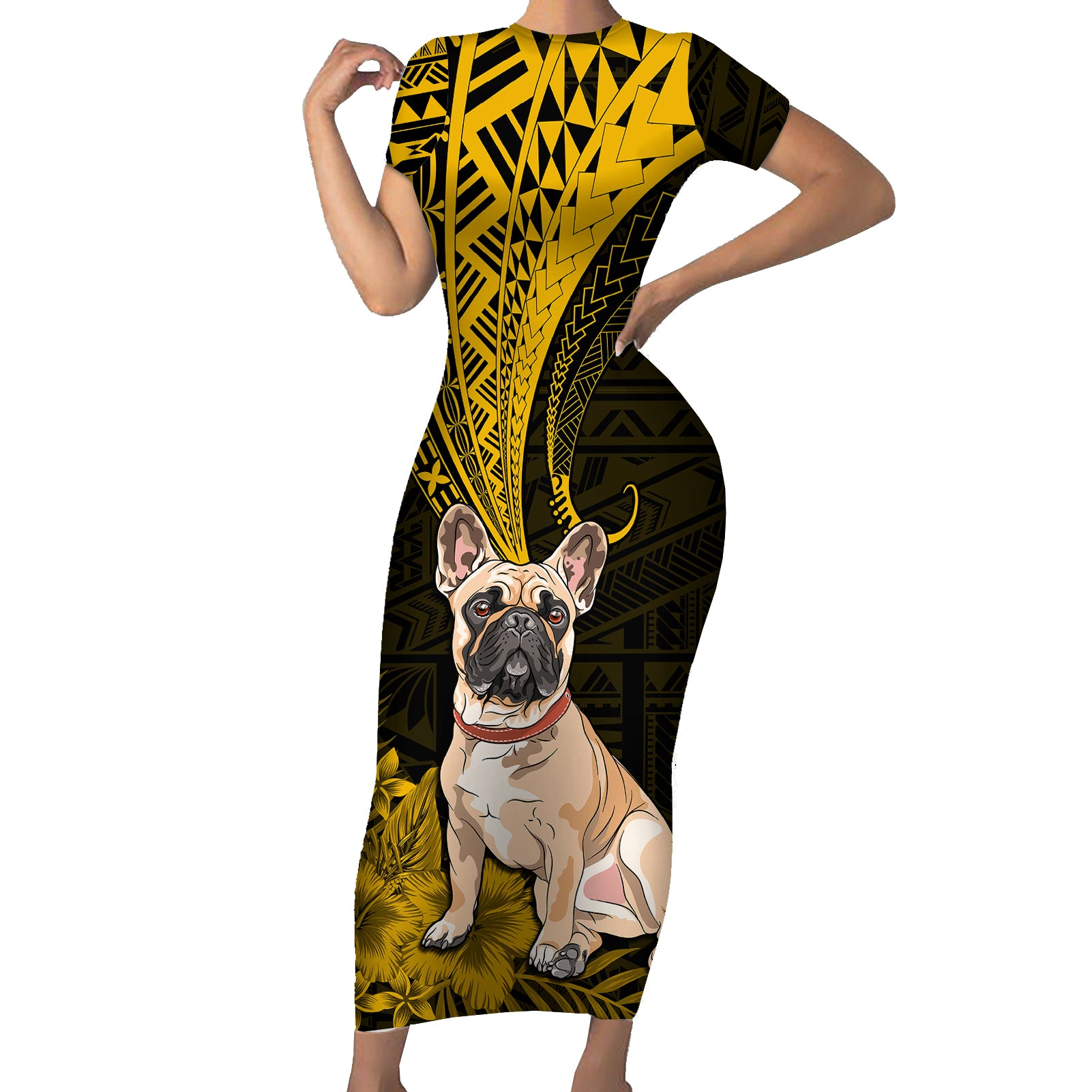 Personalised Polynesian Pacific Bulldog Short Sleeve Bodycon Dress With Gold Hawaii Tribal Tattoo Patterns LT7 Long Dress Gold - Polynesian Pride