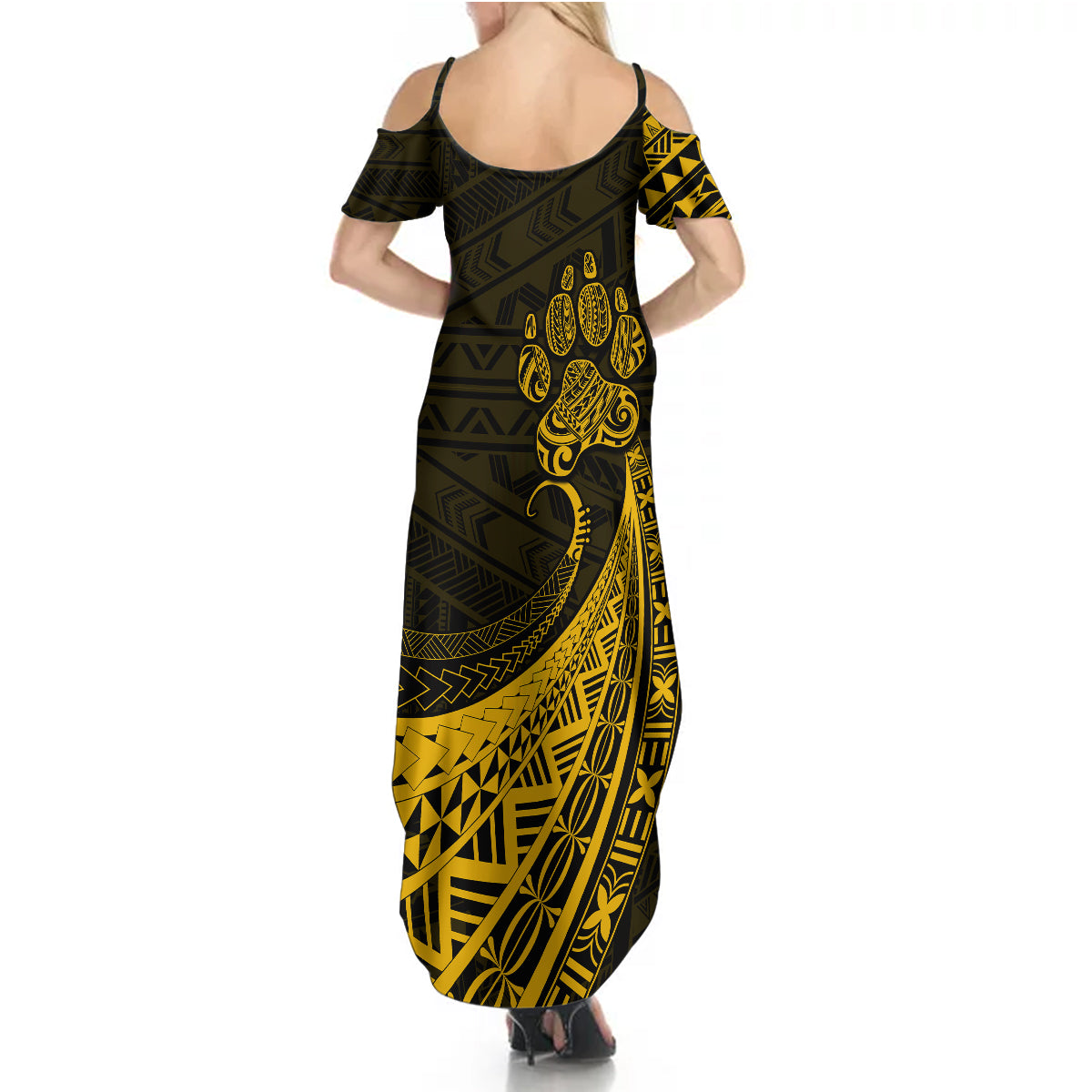 Personalised Polynesian Pacific Bulldog Summer Maxi Dress With Gold Hawaii Tribal Tattoo Patterns LT7 - Polynesian Pride