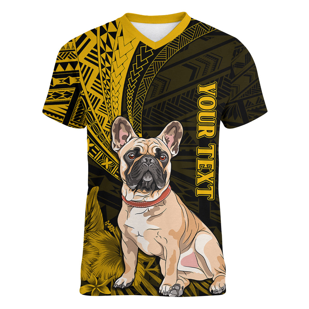 Personalised Polynesian Pacific Bulldog Women V Neck T Shirt With Gold Hawaii Tribal Tattoo Patterns LT7 Female Gold - Polynesian Pride