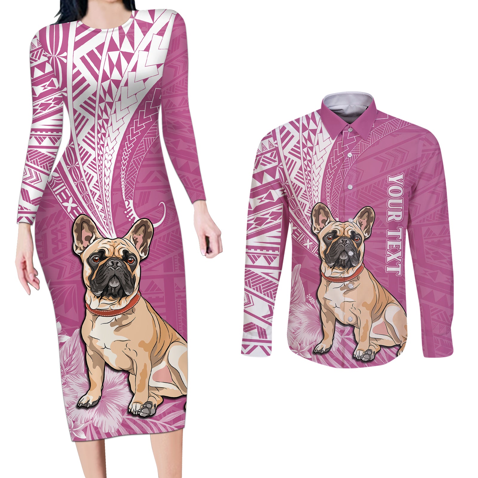 Personalised Polynesian Pacific Bulldog Couples Matching Long Sleeve Bodycon Dress and Long Sleeve Button Shirts With Pink Hawaii Tribal Tattoo Patterns LT7 Pink - Polynesian Pride