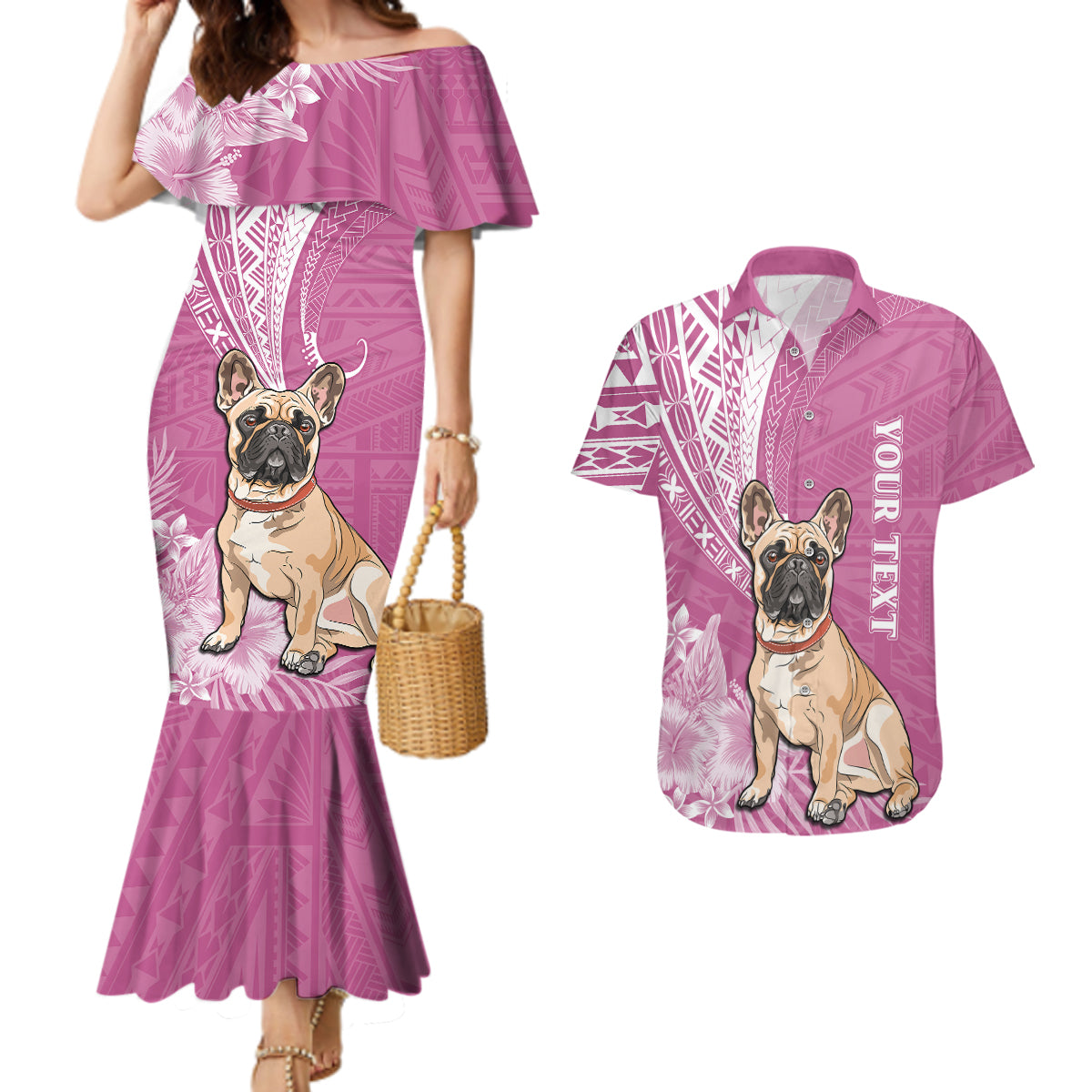 Personalised Polynesian Pacific Bulldog Couples Matching Mermaid Dress And Hawaiian Shirt With Pink Hawaii Tribal Tattoo Patterns LT7 Pink - Polynesian Pride