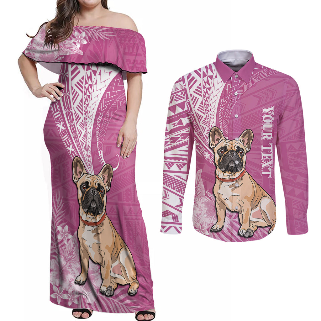 Personalised Polynesian Pacific Bulldog Couples Matching Off Shoulder Maxi Dress and Long Sleeve Button Shirts With Pink Hawaii Tribal Tattoo Patterns LT7 Pink - Polynesian Pride