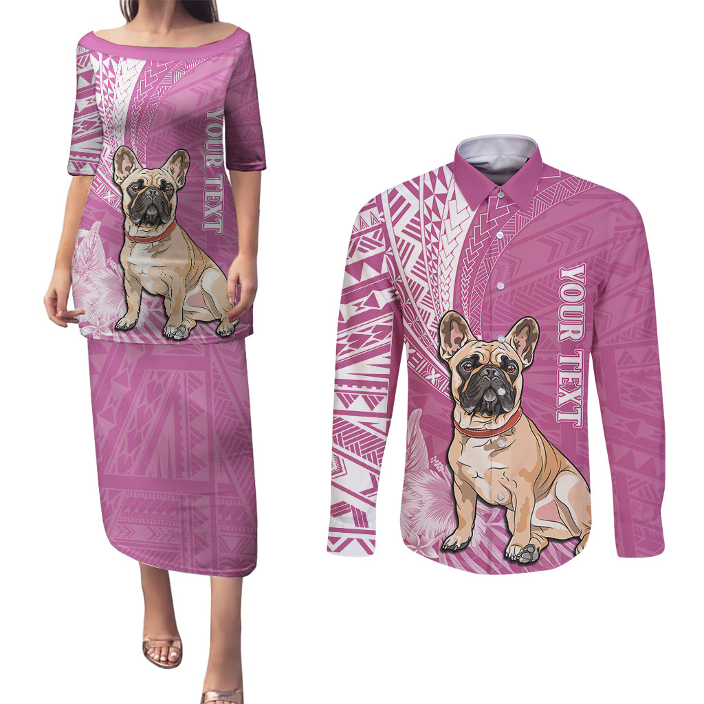 Personalised Polynesian Pacific Bulldog Couples Matching Puletasi Dress and Long Sleeve Button Shirts With Pink Hawaii Tribal Tattoo Patterns LT7 Pink - Polynesian Pride