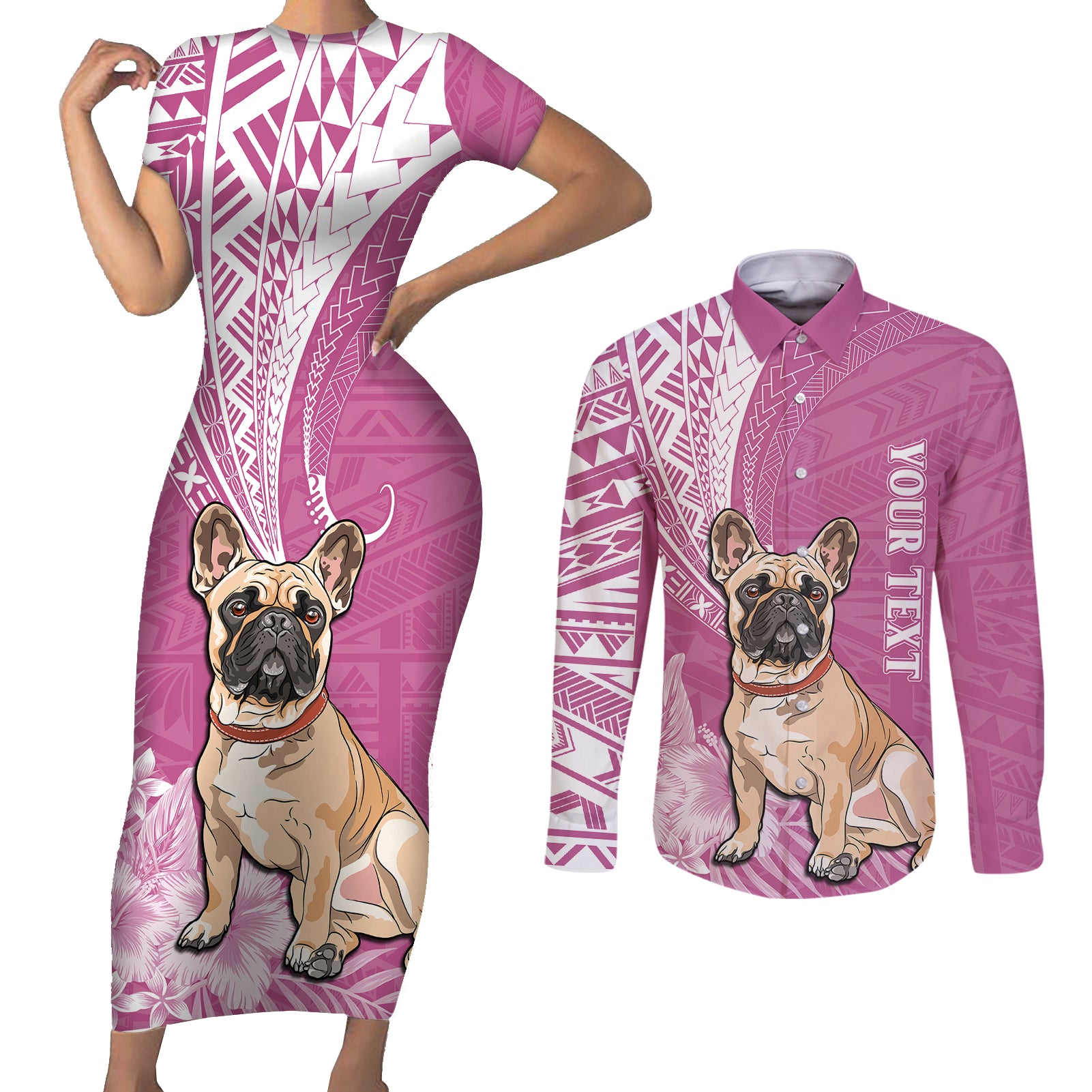 Personalised Polynesian Pacific Bulldog Couples Matching Short Sleeve Bodycon Dress and Long Sleeve Button Shirts With Pink Hawaii Tribal Tattoo Patterns LT7 Pink - Polynesian Pride