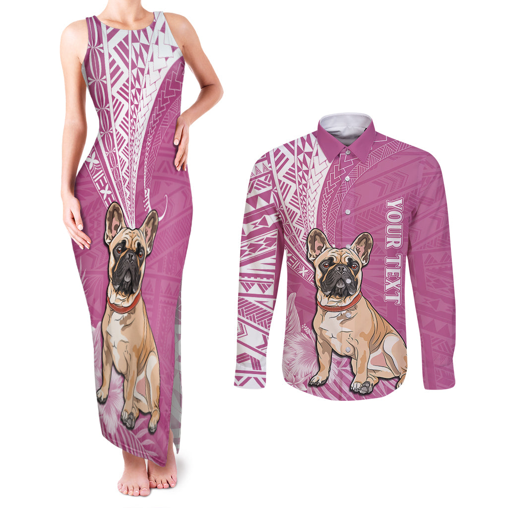 Personalised Polynesian Pacific Bulldog Couples Matching Tank Maxi Dress and Long Sleeve Button Shirts With Pink Hawaii Tribal Tattoo Patterns LT7 Pink - Polynesian Pride