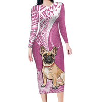 Personalised Polynesian Pacific Bulldog Long Sleeve Bodycon Dress With Pink Hawaii Tribal Tattoo Patterns LT7 Long Dress Pink - Polynesian Pride