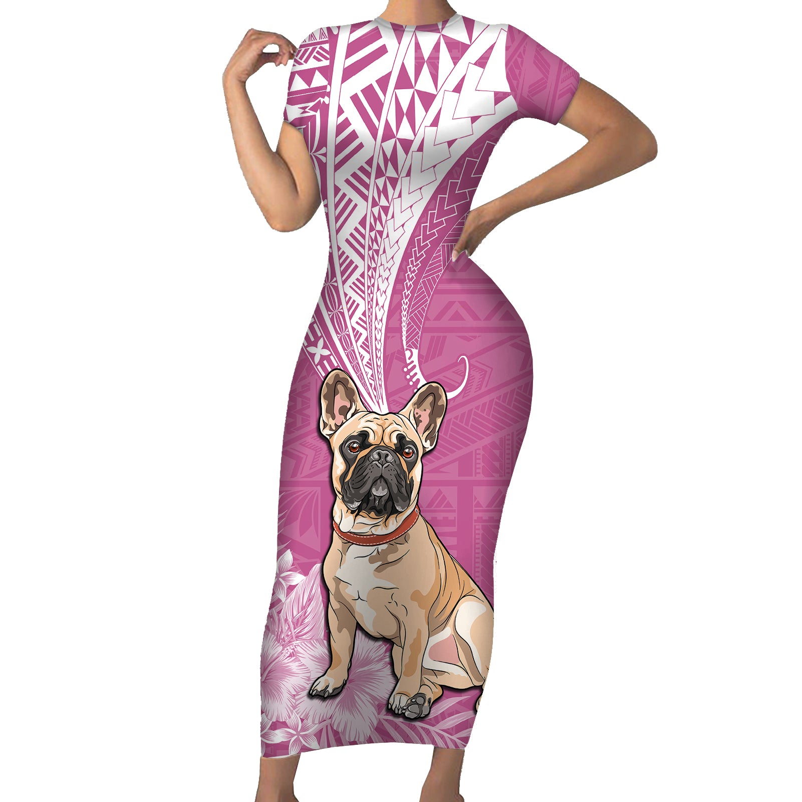 Personalised Polynesian Pacific Bulldog Short Sleeve Bodycon Dress With Pink Hawaii Tribal Tattoo Patterns LT7 Long Dress Pink - Polynesian Pride