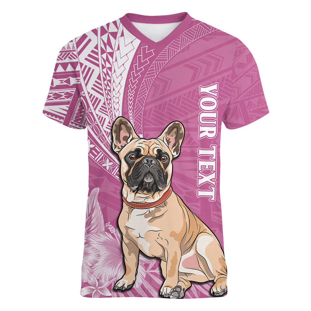 Personalised Polynesian Pacific Bulldog Women V Neck T Shirt With Pink Hawaii Tribal Tattoo Patterns LT7 Female Pink - Polynesian Pride