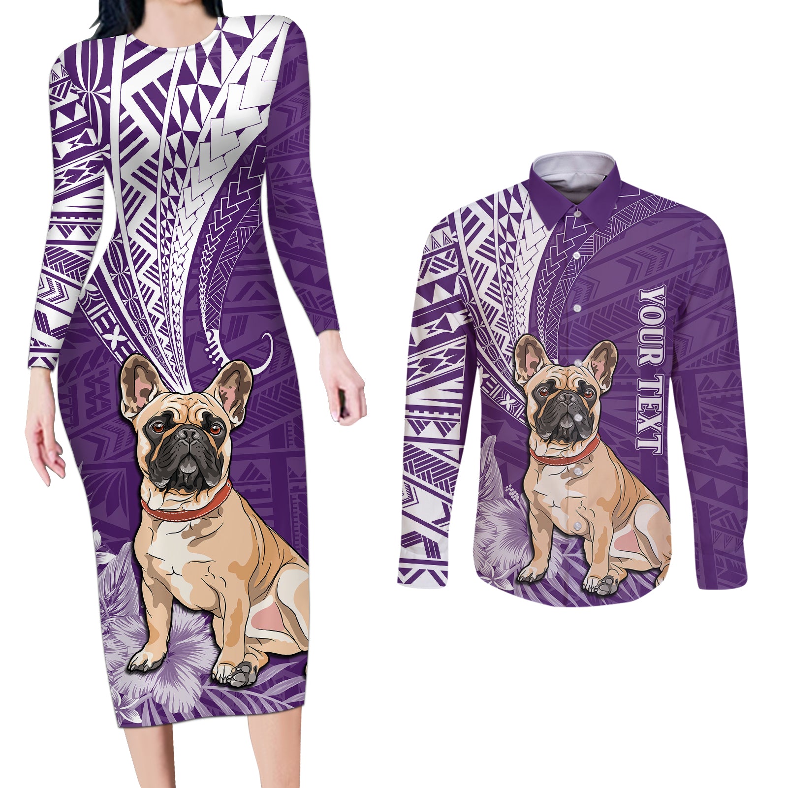 Personalised Polynesian Pacific Bulldog Couples Matching Long Sleeve Bodycon Dress and Long Sleeve Button Shirts With Violet Hawaii Tribal Tattoo Patterns LT7 Purple - Polynesian Pride