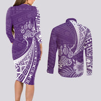 Personalised Polynesian Pacific Bulldog Couples Matching Long Sleeve Bodycon Dress and Long Sleeve Button Shirts With Violet Hawaii Tribal Tattoo Patterns LT7 - Polynesian Pride