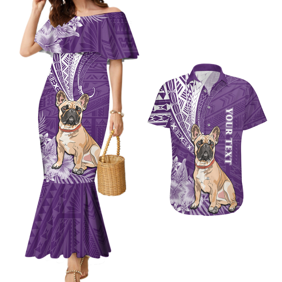 Personalised Polynesian Pacific Bulldog Couples Matching Mermaid Dress And Hawaiian Shirt With Violet Hawaii Tribal Tattoo Patterns LT7 Purple - Polynesian Pride