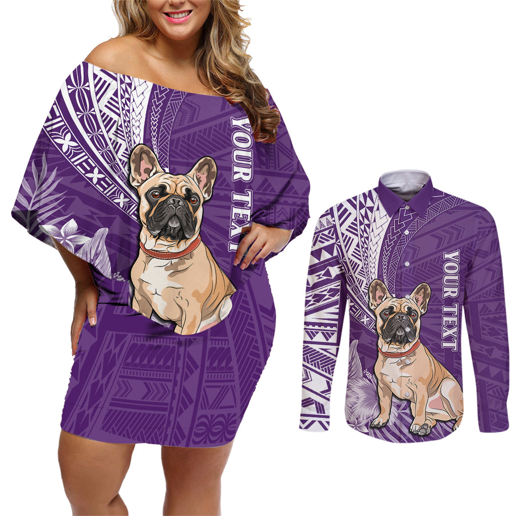 Personalised Polynesian Pacific Bulldog Couples Matching Off Shoulder Short Dress and Long Sleeve Button Shirts With Violet Hawaii Tribal Tattoo Patterns LT7 Purple - Polynesian Pride