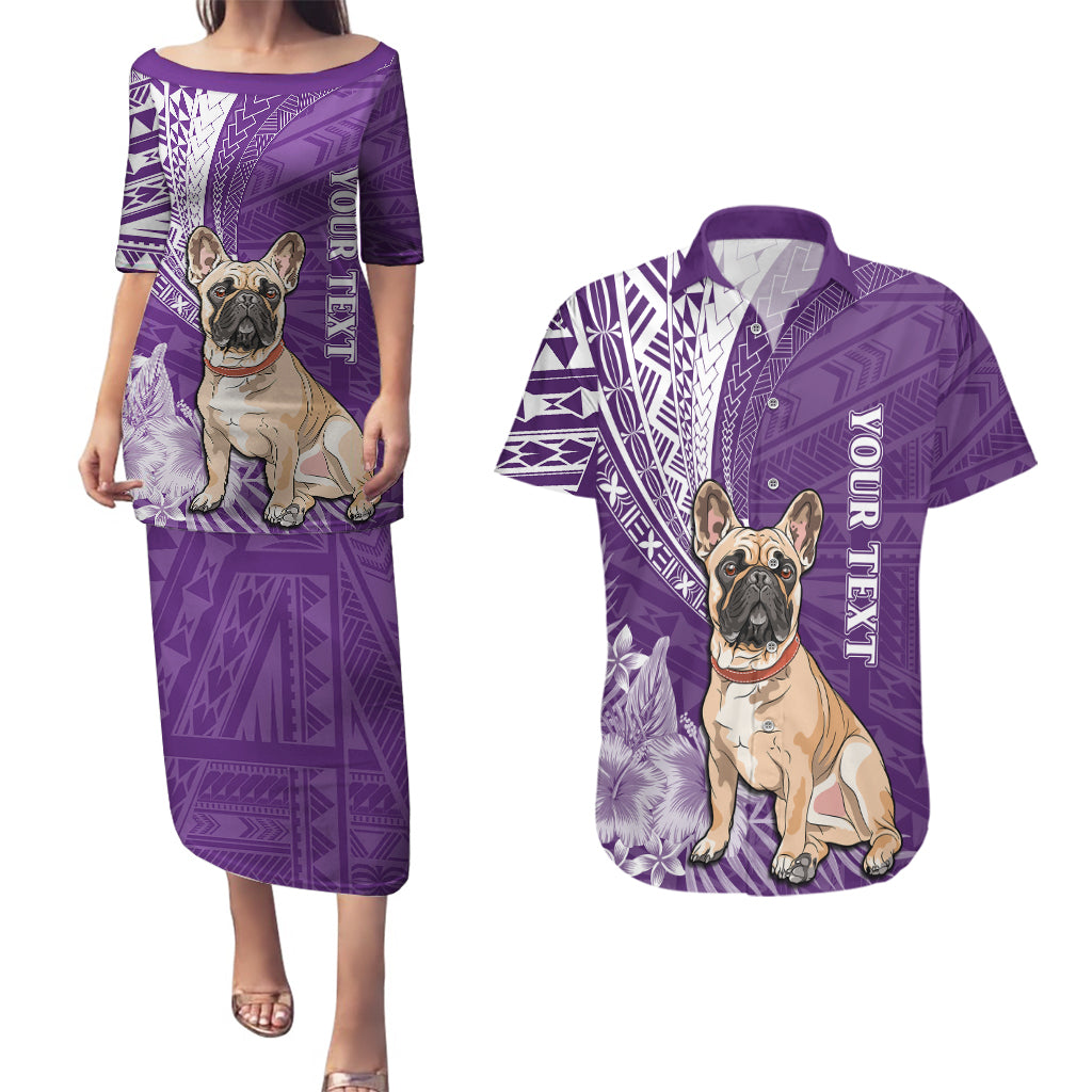 Personalised Polynesian Pacific Bulldog Couples Matching Puletasi Dress and Hawaiian Shirt With Violet Hawaii Tribal Tattoo Patterns LT7 Purple - Polynesian Pride