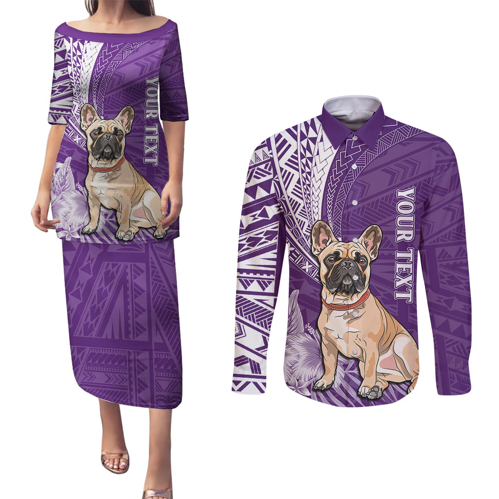 Personalised Polynesian Pacific Bulldog Couples Matching Puletasi Dress and Long Sleeve Button Shirts With Violet Hawaii Tribal Tattoo Patterns LT7 Purple - Polynesian Pride