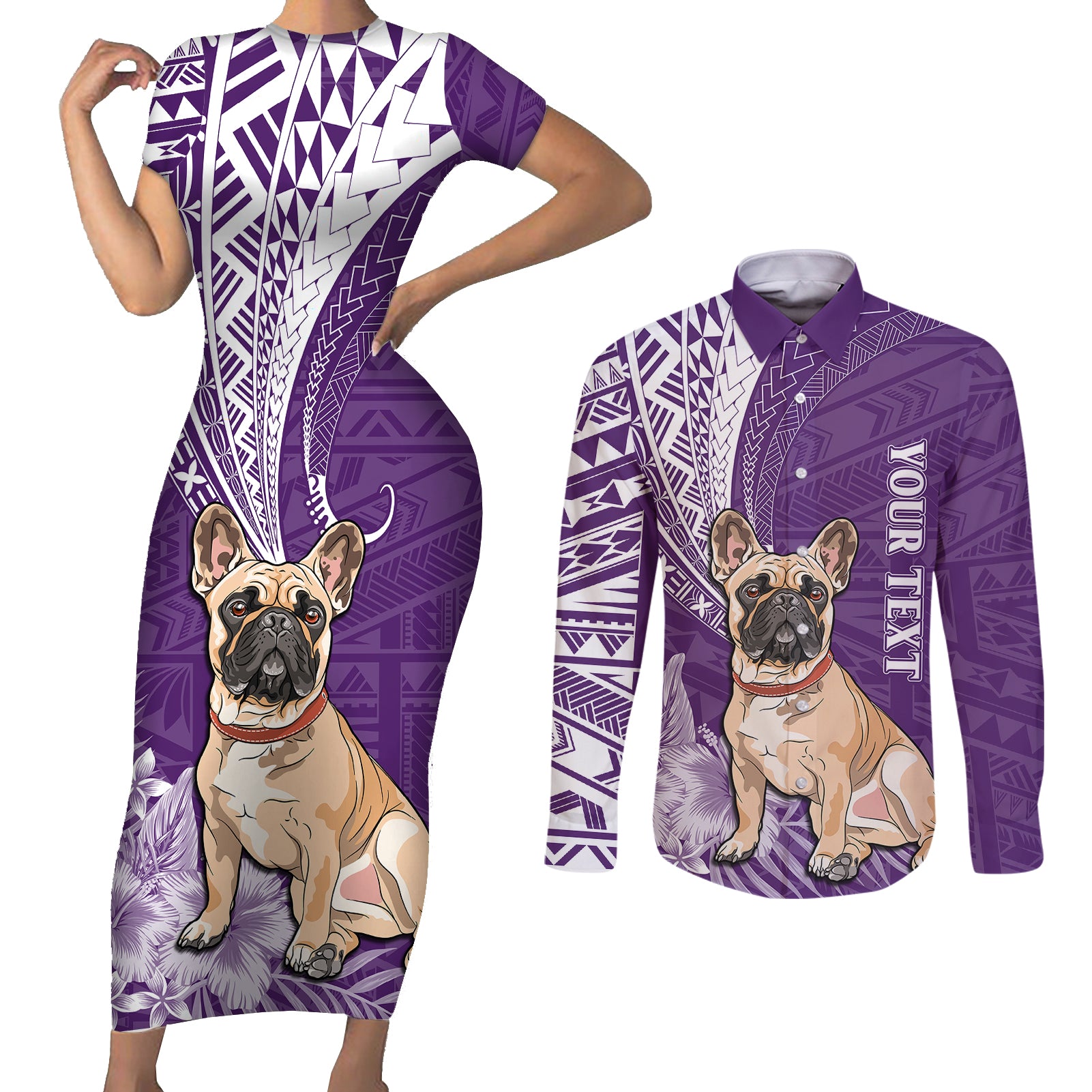 Personalised Polynesian Pacific Bulldog Couples Matching Short Sleeve Bodycon Dress and Long Sleeve Button Shirts With Violet Hawaii Tribal Tattoo Patterns LT7 Purple - Polynesian Pride