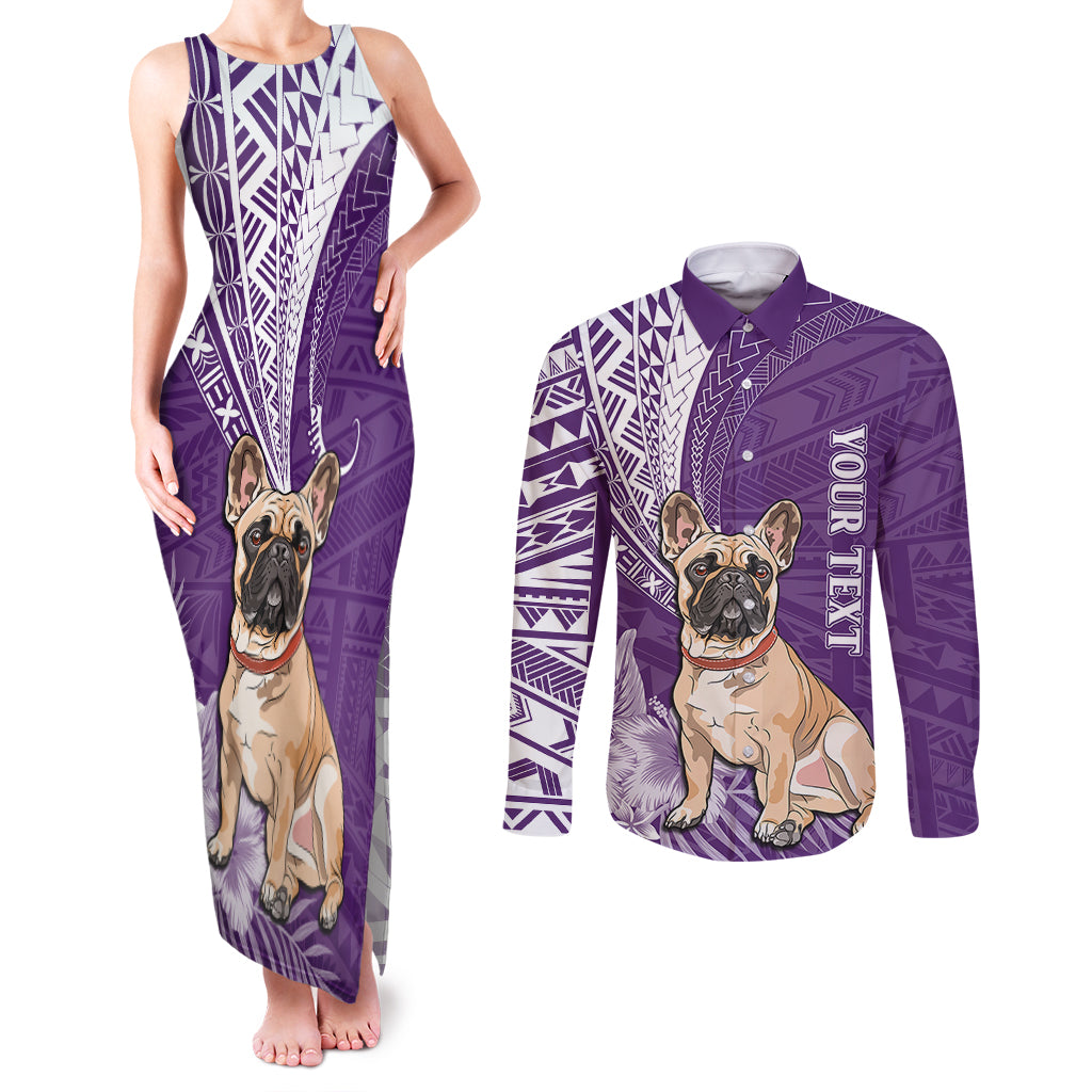 Personalised Polynesian Pacific Bulldog Couples Matching Tank Maxi Dress and Long Sleeve Button Shirts With Violet Hawaii Tribal Tattoo Patterns LT7 Purple - Polynesian Pride